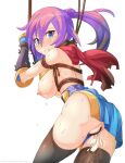  1girl after_sex after_vaginal ass back bangs bar_censor black_thighhighs blue_eyes blush bound bound_wrists breasts censored closed_mouth commentary_request cowboy_shot cum cum_in_pussy from_behind hair_between_eyes high_ponytail highres large_breasts long_hair looking_at_viewer looking_back ninja ninja_(ragnarok_online) nipples no_panties ooyama_kina overflow pink_hair pussy ragnarok_online red_scarf restrained rope scarf shibari simple_background solo sweat thighhighs vambraces white_background 