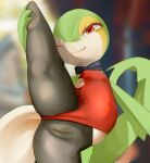  absurd_res anthro camel_toe female generation_5_pokemon genital_outline green_body hi_res looking_at_viewer nintendo one_leg_up pokemon pokemon_(species) pussy_outline raised_leg snivy solo video_games wlllll 