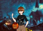  black_shirt botaro_kubo brown_eyes brown_hair halloween halloween_bucket original self_upload shirt short_hair smile tomboy trang 