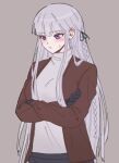  1girl bangs black_gloves black_ribbon blush braid brown_jacket commentary_request crossed_arms danganronpa:_trigger_happy_havoc danganronpa_(series) gloves grey_background grey_hair grey_sweater hair_ribbon highres jacket kirigiri_kyouko long_hair maem_(77lrik) open_clothes open_jacket purple_eyes ribbon shiny shiny_hair simple_background skirt solo sweatdrop sweater turtleneck turtleneck_sweater 