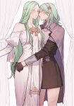  2girls bare_shoulders black_dress black_gloves blush byleth_(fire_emblem) byleth_(fire_emblem)_(female) cloak commentary_request curtains dress enlightened_byleth_(female) eye_contact eyes_visible_through_hair fire_emblem fire_emblem:_three_houses garreg_mach_monastery_uniform gloves green_eyes green_hair hand_on_another&#039;s_hip headband highres hug ikarin long_hair looking_at_another multiple_girls pointy_ears rhea_(fire_emblem) short_hair skirt standing very_long_hair white_dress yuri 
