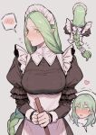  2girls alternate_costume apron bad_id bad_twitter_id bangs black_dress blow blush bow braid breasts broom byleth_(fire_emblem) byleth_(fire_emblem)_(female) closed_mouth commentary_request dress enlightened_byleth_(female) enmaided fire_emblem fire_emblem:_three_houses flying_sweatdrops green_eyes green_hair grey_background hair_bow heart highres holding holding_broom ikarin large_breasts long_hair long_sleeves maid maid_headdress multiple_girls multiple_views nose_blush parted_lips pointy_ears puffy_long_sleeves puffy_sleeves rhea_(fire_emblem) simple_background single_braid spoken_blush very_long_hair white_apron white_bow yuri 