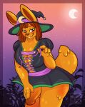  anthro breasts brown_eyes brown_hair cleavage clothed clothing detailed_background genitals goo_creature goo_humanoid hair halloween herm hi_res holidays humanoid intersex lagomorph leporid mammal mieno penis rabbit solo undressing yellow_body 