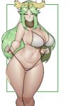  1girl absurdres bikini bikini_pull blush breasts clothes_pull curvy doublehero green_eyes green_hair grin highres huge_breasts kid_icarus kid_icarus_uprising long_hair narrow_waist naughty_face palutena simple_background smile swimsuit thick_thighs thighs white_bikini wide_hips 