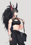  1girl abs animal_ears bag bandaged_fingers bandaged_hand bandaged_wrists bandages bare_shoulders black_pants breasts character_request cleavage collarbone copyright_request duffel_bag grey_background hair_between_eyes hairband highres jason_kim long_hair looking_at_viewer medium_breasts midriff muscular muscular_female navel pants purple_eyes rabbit_ears red_hairband sidelocks simple_background solo sports_bra very_long_hair wide_ponytail 