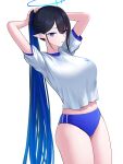  1girl absurdres bloomers blue_archive blue_eyes breasts gym_shirt halo highres large_breasts long_hair looking_at_viewer multicolored_hair onuj2$ pointy_ears ponytail rin_(blue_archive) shirt short_sleeves simple_background solo two-tone_hair underwear upper_body very_long_hair white_background 