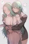  !? 2girls bangs blush breasts breath byleth_(fire_emblem) byleth_(fire_emblem)_(female) cleavage clothes_lift commentary_request enlightened_byleth_(female) fire_emblem fire_emblem:_three_houses green_eyes green_hair grey_background hair_between_eyes heart highres ikarin jewelry large_breasts lifted_by_another long_hair multiple_girls parted_lips pointy_ears rhea_(fire_emblem) ring simple_background spoken_heart very_long_hair yuri 
