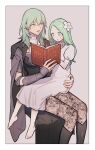  2girls :o aged_down bangs barefoot black_footwear blush book boots breasts byleth_(fire_emblem) byleth_(fire_emblem)_(female) child commentary_request dress enlightened_byleth_(female) female_child fire_emblem fire_emblem:_three_houses flower garreg_mach_monastery_uniform green_eyes green_hair hair_between_eyes hair_flower hair_ornament highres holding holding_book ikarin knee_boots large_breasts long_hair multiple_girls open_book pantyhose parted_lips pointy_ears rhea_(fire_emblem) simple_background sitting sitting_on_lap sitting_on_person white_dress white_flower wide_sleeves 