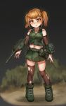  1girl absurdres adapted_turret asymmetrical_legwear boots brown_eyes brown_thighhighs bulldog camouflage camouflage_skirt cannon chance8000 crop_top elbow_gloves full_body gloves green_footwear green_skirt highres m41_walker_bulldog m41_walker_bulldog_(personification) machinery mecha_musume medium_hair midriff miniskirt navel original personification pleated_skirt skirt sleeveless solo standing thighhighs torn_thighhighs twintails 