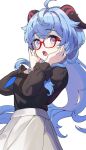  1girl :o ahoge bangs black_bow black_shirt blue_hair bow frilled_shirt frilled_sleeves frills ganyu_(genshin_impact) genshin_impact glasses hands_on_own_cheeks hands_on_own_face high-waist_skirt highres horns long_hair long_sleeves looking_at_viewer low_ponytail mono_(mono_mon) official_alternate_costume open_mouth purple_eyes red-framed_eyewear semi-rimless_eyewear shirt shirt_tucked_in sidelocks skirt solo turtleneck upper_body white_skirt 