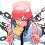  1girl black_necktie braid braided_ponytail chain chainsaw_man collared_shirt double_v food food_in_mouth looking_to_the_side makima_(chainsaw_man) medium_hair mouth_hold necktie red_hair ringed_eyes shirt sidelocks simple_background solo toast toast_in_mouth upper_body v vivsss-g white_background white_shirt yellow_eyes 