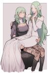  2girls armlet armor bangs black_armor black_footwear blush bodice boots breasts brown_pantyhose bustier byleth_(fire_emblem) byleth_(fire_emblem)_(female) capelet cleavage commentary_request detached_sleeves dress enlightened_byleth_(female) fire_emblem fire_emblem_heroes floral_print flower garreg_mach_monastery_uniform hair_flower hair_ornament high_heel_boots high_heels highres ikarin kneehighs lace-trimmed_legwear lace_trim large_breasts legwear_under_shorts long_hair looking_at_another multiple_girls pantyhose pantyhose_under_shorts parted_lips patterned_legwear pointy_ears print_legwear rhea_(fire_emblem) shorts shoulder_armor simple_background sitting sitting_on_lap sitting_on_person socks turtleneck vambraces waist_cape white_dress white_flower yuri 