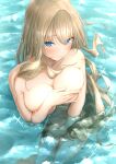  1girl absurdres bangs barefoot blonde_hair blue_eyes blush breasts cleavage closed_mouth collarbone commentary_request completely_nude covering covering_breasts covering_crotch day dolphin_wave enoshito feet_out_of_frame fingernails foreshortening from_above hair_between_eyes hair_intakes hair_over_crotch hand_up highres kirahoshi_kanna large_breasts light_particles long_hair looking_at_viewer looking_up navel nude outdoors partially_submerged raised_eyebrows solo sparkle very_long_hair water water_drop wet wet_hair 