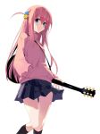  1girl blue_eyes bocchi_the_rock! cube_hair_ornament electric_guitar feet_out_of_frame gotou_hitori guitar hair_between_eyes hair_cubes hair_ornament hand_in_pocket highres holding holding_instrument instrument jacket kneehighs kuro_work long_hair looking_at_viewer pink_hair pink_jacket pleated_skirt simple_background skirt socks solo track_jacket white_background 
