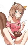  1girl :q acorn animal_ears ayunda_risu blush bowl breasts brown_hair closed_mouth collarbone eating green_eyes hair_ornament hairclip highres holding holding_bowl holding_spoon hololive hololive_indonesia leaf_hair_ornament medium_breasts nonstop_nut_november nut_(food) orobou panties pink_shirt shirt simple_background single_bare_shoulder sitting solo spoon squirrel_ears squirrel_girl squirrel_tail suggestive_fluid tail thighs tongue tongue_out underwear white_background white_panties 