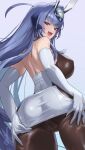  1girl ass azur_lane bangs bare_shoulders blue_background blue_eyes blue_hair blush breasts commentary_request cuboon dress elbow_gloves from_behind gloves large_breasts long_hair looking_at_viewer looking_back new_jersey_(azur_lane) open_mouth simple_background smile solo thighs twitter_username white_dress white_gloves 