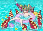  1girl :&lt; antenna_hair aqua_eyes aqua_hair ball beachball bikini blush breasts closed_mouth commentary_request diving_mask diving_mask_on_head floral_print goggles goggles_on_head highres holding holding_water_gun innertube looking_at_viewer medium_breasts multicolored_hair original pink_hair rubber_duck short_twintails snorkel solo swimsuit tentacles twintails watawata_young water water_gun white_bikini 