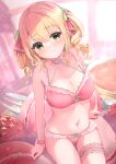  1girl absurdres bangs blonde_hair blurry blurry_background bra breasts bridal_garter candy cleavage collarbone commentary_request food fork frilled_bra frilled_panties frills fujinomiya_rio green_eyes hair_ribbon highres lingerie long_hair looking_at_viewer macaron medium_breasts navel original oversized_food oversized_object panties parted_lips pink_bra pink_panties ribbon sitting solo stomach sweets teeth twintails underwear underwear_only 