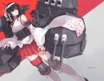  1girl bare_shoulders black_hair closed_mouth detached_sleeves hair_ornament hakama hakama_skirt highres japanese_clothes kantai_collection machinery nontraditional_miko red_eyes red_hakama rigging short_hair skirt socks solo sugue_tettou tabi turret twitter_username two-tone_background white_sleeves white_socks yamashiro_(kancolle) yamashiro_kai_ni_(kancolle) 