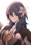  1girl bangs blue_eyes blue_hair blush breasts byleth_(fire_emblem) byleth_(fire_emblem)_(female) clenched_hand closed_mouth commentary_request fire_emblem fire_emblem:_three_houses flower hair_between_eyes hair_flower hair_ornament highres ikarin looking_at_viewer medium_hair simple_background solo upper_body white_background white_flower 