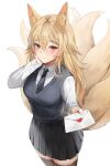  1girl absurdres animal_ear_fluff animal_ears bangs black_necktie black_skirt black_thighhighs black_vest blonde_hair blush breasts closed_mouth collared_shirt cowboy_shot envelope fox_ears fox_girl fox_tail hair_between_eyes hand_on_own_face heart highres holding holding_envelope indoors korean_commentary lillly long_hair long_sleeves looking_at_viewer love_letter medium_breasts multiple_tails necktie original outstretched_hand pleated_skirt red_eyes school_uniform shirt simple_background skirt solo tail taut_clothes thighhighs vest white_background white_shirt zettai_ryouiki 