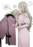  2girls ? alternate_hair_color bare_shoulders battery_indicator blush breast_pillow breasts byleth_(fire_emblem) byleth_(fire_emblem)_(female) commentary_request dress enlightened_byleth_(female) face_to_breasts fire_emblem fire_emblem:_three_houses from_side green_eyes green_hair grey_jacket highres ikarin jacket large_breasts long_hair looking_at_another multiple_girls off-shoulder_dress off_shoulder parted_lips pointy_ears rhea_(fire_emblem) simple_background speech_bubble spoken_question_mark thought_bubble very_long_hair white_background white_dress yuri 