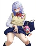  1girl absurdres alternate_eye_color alternate_hair_color bag bandaid bangs breasts clothes_lift elysia_(honkai_impact) hair_ornament herrscher_of_corruption highres honkai_(series) honkai_impact_3rd large_breasts looking_at_viewer panties pointy_ears school_bag school_uniform simple_background skirt skirt_lift smile stocks thighs tutou_jiang underwear white_background 