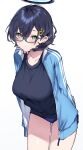  1girl alternate_costume arms_behind_back black_hair black_shirt blue_archive blue_jacket blush breasts buruma chihiro_(blue_archive) glasses green_eyes hair_between_eyes hair_ornament halo haruyuki_(yukichasoba) highres jacket large_breasts looking_at_viewer open_clothes open_jacket shirt short_hair simple_background smile solo standing track_jacket white_background 