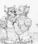  &lt;3 akatan_art anthro armband canid cheek_tuft clothed clothing duo ear_piercing ear_ring eyes_closed facial_tuft front_view greyscale hair hi_res kissing male male/male mammal monochrome neck_tuft outside piercing ring_piercing short_hair smile standing three-quarter_view topless tuft unsigned 
