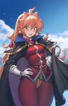  1990s_(style) 1girl :d absurdres armor bangs breasts cape cape_lift commission distr earrings english_commentary gloves hand_on_hip headband highres jewelry lina_inverse long_hair looking_at_viewer open_mouth orange_hair red_eyes retro_artstyle shoulder_armor slayers smile solo 