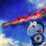  1:1 2022 anthro bell blue_body blue_fur cloud collar day domestic_cat doraemon doraemon_(character) felid feline felis flying fur holding_object machine male mammal mouth_closed mt_tg one_eye_closed pouch_(anatomy) red_collar robot shaded sky solo tongue tongue_out whiskers white_body white_fur 