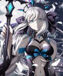  absurdres bare_shoulders black_bow blue_eyes bow breasts cleavage clothing_cutout cloud fate/grand_order fate_(series) hair_bow hair_ornament highres long_hair looking_at_viewer moon morgan_le_fay_(fate) navel night pale_skin parted_lips petals sidelocks sky sou_skate714 staff stomach_cutout white_hair wind 