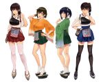  1girl 4girls :d akagi_(kancolle) alternate_hairstyle bangs black_hair black_thighhighs blue_eyes blue_hair blue_hakama breasts brown_eyes brown_hair closed_mouth dark_blue_hair feet finger_to_mouth flight_deck from_behind full_body geta gloves green_kimono green_skirt grey_footwear hakama hakama_short_skirt hakama_skirt hand_in_own_hair hand_on_hip hand_on_own_chin heel_up highres hiryuu_(kancolle) japanese_clothes kaga_(kancolle) kantai_collection kimono large_breasts legs long_hair looking_at_viewer medium_hair multiple_girls muneate orange_kimono partially_fingerless_gloves pleated_skirt red_hakama sandals short_hair short_sleeves side_ponytail simple_background single_glove skirt smile socks souryuu_(kancolle) tabi tasuki thighhighs twintails wa_(genryusui) white_background white_socks white_thighhighs wide_sleeves yugake 