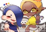  1boy 2girls big_man_(splatoon) blonde_hair blue_hair dark-skinned_female dark_skin earrings fang fangs frye_(splatoon) hair_over_one_eye highres inkling inkling_girl jewelry long_hair looking_at_viewer manta_ray medium_hair multiple_girls octoling octoling_girl one_eye_covered red_eyes shiver_(splatoon) side_ponytail splatoon_(series) splatoon_3 tentacle_hair yellow_eyes yuriyuri_no_yuri 