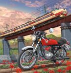  absurdres bridge cloud cloudy_sky dirt_road flower grass ground_vehicle highres honda honda_ac15 japan_railways lamppost mikeran_(mikelan) motor_vehicle motorcycle mountain no_humans original outdoors power_lines road sky spider_lily sunset train utility_pole vehicle_focus 