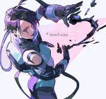  1girl absurdres animification apex_legends ass black_gloves black_hair black_lips blue_bodysuit blue_eyes blue_hair bodysuit breasts cable catalyst_(apex_legends) commentary eyebrow_piercing from_above from_behind gloves hair_behind_ear highres liquid looking_back multicolored_hair open_hands piercing short_hair small_breasts solo streaked_hair thundergotch 