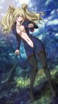  1girl areola_slip artist_name bangs black_thighhighs blonde_hair blurry blurry_background bodysuit boots breasts cleavage closed_mouth code_geass code_geass:_boukoku_no_akito dutch_angle full_body high_heels highres kaname_aomame leila_malcal long_hair navel open_bodysuit outdoors purple_eyes smile solo thigh_boots thighhighs twintails watermark 