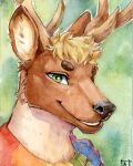  akatan_art anthro black_nose blonde_hair bust_portrait cervid cheek_tuft clothing facial_tuft fur glistening glistening_eyes green_eyes hair looking_at_viewer male mammal mouth_closed multicolored_clothing portrait rainbow_clothing short_hair simple_background solo tan_antlers tan_body tan_fur tuft 