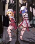  2girls barefoot bdsm blonde_hair blue_hair bondage bound bound_together character_request cleave_gag cloth_gag copyright_request dress flandre_scarlet gag gagged hat hat_ribbon highres improvised_gag multiple_girls red_dress red_eyes remilia_scarlet ribbon socks touhou white_dress white_socks 