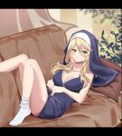  1617164344 1girl blonde_hair blue_dress breasts cleavage collarbone couch dress engage_kiss green_eyes large_breasts long_hair looking_at_viewer lying nun on_back on_couch reclining sharon_holygrail sleeveless smile socks thighs white_socks 