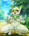  absurd_res anthro big_breasts blush boingfarm breasts clothed clothing female generation_9_pokemon green_body hi_res looking_at_viewer nintendo pokemon pokemon_(species) pokemorph solo spread_legs spreading sprigatito thick_thighs video_games 