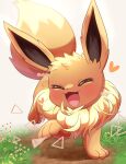  :3 :d ^_^ absurdres animal_focus artist_name blush closed_eyes commentary_request eevee fluffy grass happy heart highres no_humans open_mouth outdoors path pokemer pokemon pokemon_(creature) signature smile twitter_username white_background 