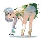  1girl aile_(crossroads) artist_name ass bare_shoulders bent_over bloomers colored_tips commentary_request dress forehead from_behind full_body genshin_impact gradient_hair green_eyes green_hair grey_hair heart long_hair looking_at_viewer looking_back multicolored_hair nahida_(genshin_impact) no_shoes parted_lips pointy_ears shadow short_dress short_shorts shorts signature simple_background sleeveless sleeveless_dress socks soles solo standing stirrup_legwear tiptoes toeless_legwear two-tone_hair underwear white_background white_bloomers white_dress white_hair white_shorts white_socks 