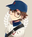  1boy ace_of_diamond aged_down bandaid bandaid_on_face baseball_cap baseball_uniform black-framed_eyewear blue_headwear brown_eyes brown_hair glasses grey_background hat kusa_chuu looking_at_viewer male_focus miyuki_kazuya short_hair simple_background smile solo sportswear 