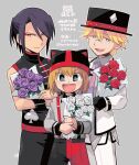  3boys black_hair blonde_hair blue_eyes bouquet club_(shape) flower hat holding holding_bouquet jacket japanese_clothes male_focus mole mole_under_eye monocle multiple_boys necktie open_mouth purple_flower purple_necktie purple_rose rat_(milky_holmes) red_eyes red_flower red_rose rose signature smile spade_(shape) stone_river suspenders symbol-shaped_pupils tantei_opera_milky_holmes top_hat translation_request tsunoji tuxedo twenty_(milky_holmes) white_flower white_jacket white_rose 