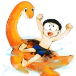  1:1 2022 4_toes 5_fingers black_hair bottomwear clothed clothing dinosaur duo eyewear feet feral fingers fist glasses hair human male mammal mt_tg nobita_nobi open_mouth orange_body orange_skin piisuke_(doraemon) raised_arms reptile riding scalie shaded shorts sitting toes tongue water 