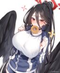  1girl black_choker black_feathers black_hair black_serafuku black_wings blue_archive blush breasts choker doughnut feathered_wings feathers food food_in_mouth gym_shirt gym_uniform hair_between_eyes halo hasumi_(blue_archive) hasumi_(gym_uniform)_(blue_archive) hattori_masaki high_ponytail highres jacket large_breasts large_wings long_hair low_wings mole mole_under_eye mouth_hold official_alternate_costume partially_unzipped red_eyes school_uniform serafuku shirt shorts signature solo track_jacket very_long_hair wings 