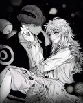  1boy 1girl carrying flower greyscale hetero highres hunter_x_hunter komugi_(hunter_x_hunter) long_hair long_sleeves meruem messy_hair monochrome princess_carry smile suhoyongjungtea thick_eyebrows unusually_open_eyes 