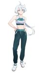  1girl absurdres ahoge bare_arms bare_shoulders breasts contrapposto drawstring full_body green_pants grey_eyes grey_hair gundam gundam_suisei_no_majo hair_between_eyes hand_in_pocket hand_on_hip highres light_smile long_hair looking_at_viewer low_ponytail medium_breasts mian_li midriff miorine_rembran pants shoes signature simple_background sneakers sports_bra standing sweatpants white_background white_footwear 