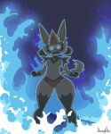  2022 absurd_res anthro cinderace cute_fangs female fire fur generation_4_pokemon generation_8_pokemon hi_res hybrid jhenightfox looking_at_viewer lucario lurace_(jhenightfox) nintendo open_mouth pokemon pokemon_(species) solo video_games white_body white_fur 